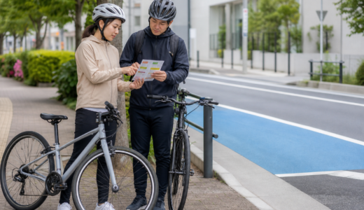 ヘルメットを着用した自転車利用者が道路脇で交通安全リーフレットを確認している様子