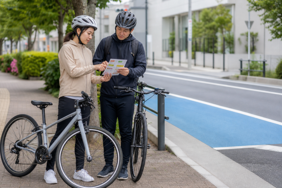 ヘルメットを着用した自転車利用者が道路脇で交通安全リーフレットを確認している様子