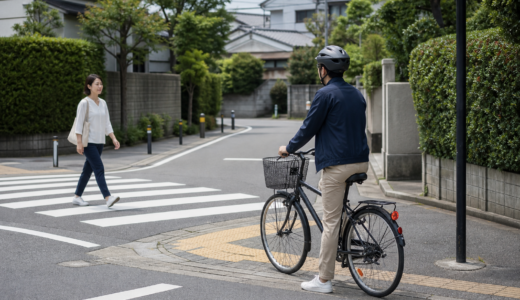 住宅街の交差点付近でヘルメットを着用した自転車利用者が歩行者を優先して安全確認している啓発イメージ