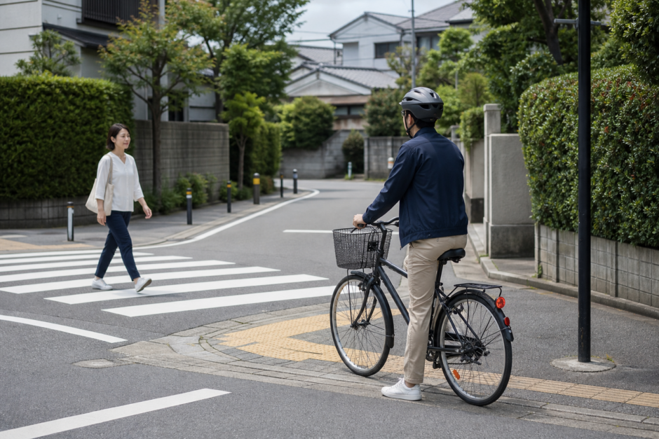 住宅街の交差点付近でヘルメットを着用した自転車利用者が歩行者を優先して安全確認している啓発イメージ