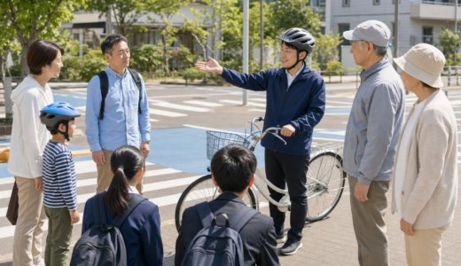屋外の交通安全教室で講師が自転車の走行ルールを説明し、親子や学生、高齢者が学んでいる様子