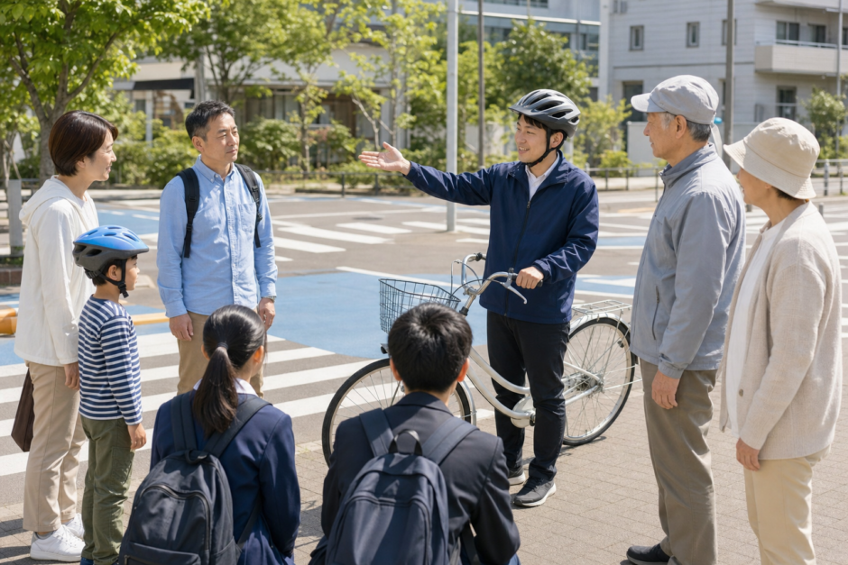 屋外の交通安全教室で講師が自転車の走行ルールを説明し、親子や学生、高齢者が学んでいる様子