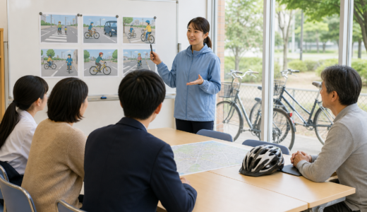 自転車交通ルールの講習で地図とヘルメットを前に安全確認を学ぶ参加者たち