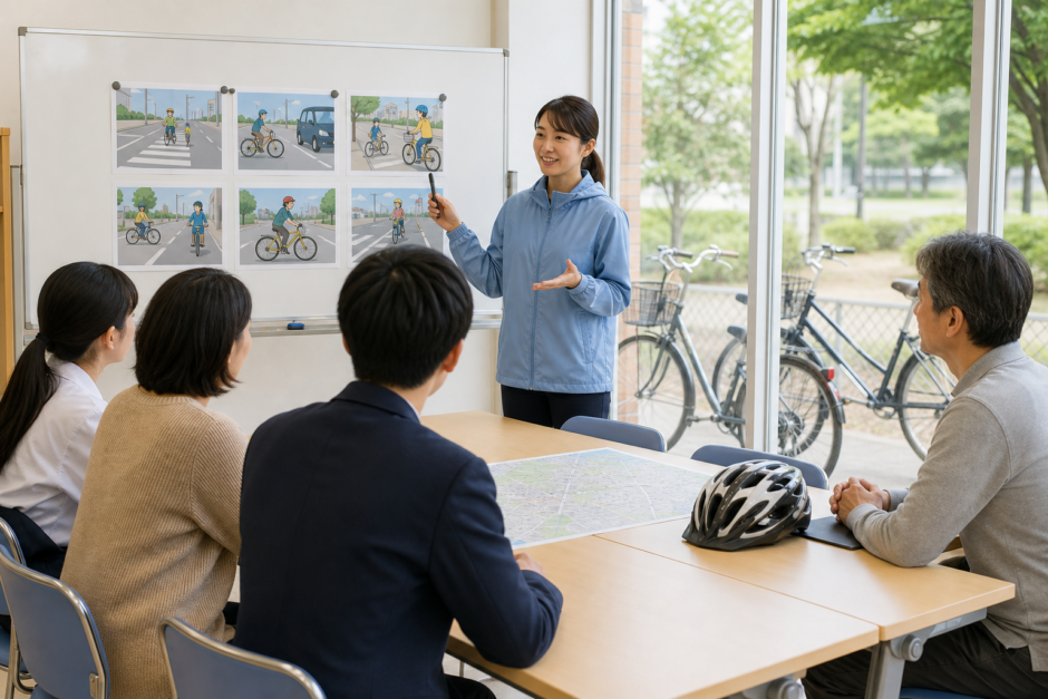 自転車交通ルールの講習で地図とヘルメットを前に安全確認を学ぶ参加者たち