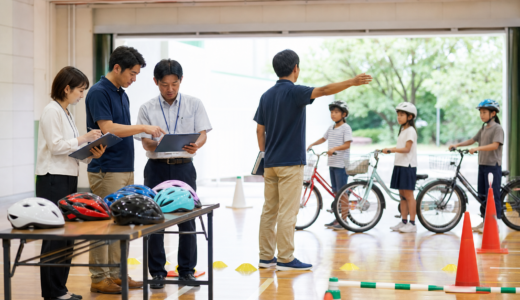 地域の体育館で自転車交通安全教室の講師と担当者が資料を確認し、ヘルメットと自転車を準備している様子