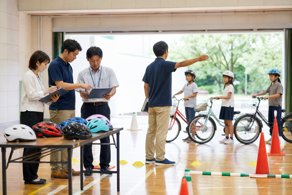 地域の体育館で自転車交通安全教室の講師と担当者が資料を確認し、ヘルメットと自転車を準備している様子