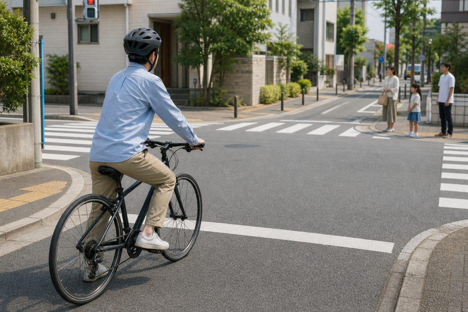 停止線の手前で安全に停止し横断歩道と周囲を確認するヘルメット着用の自転車利用者