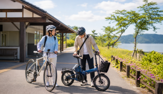琵琶湖近くの駅前でヘルメットを着用した利用者がレンタサイクルを準備している明るいサイクリング旅のイメージ