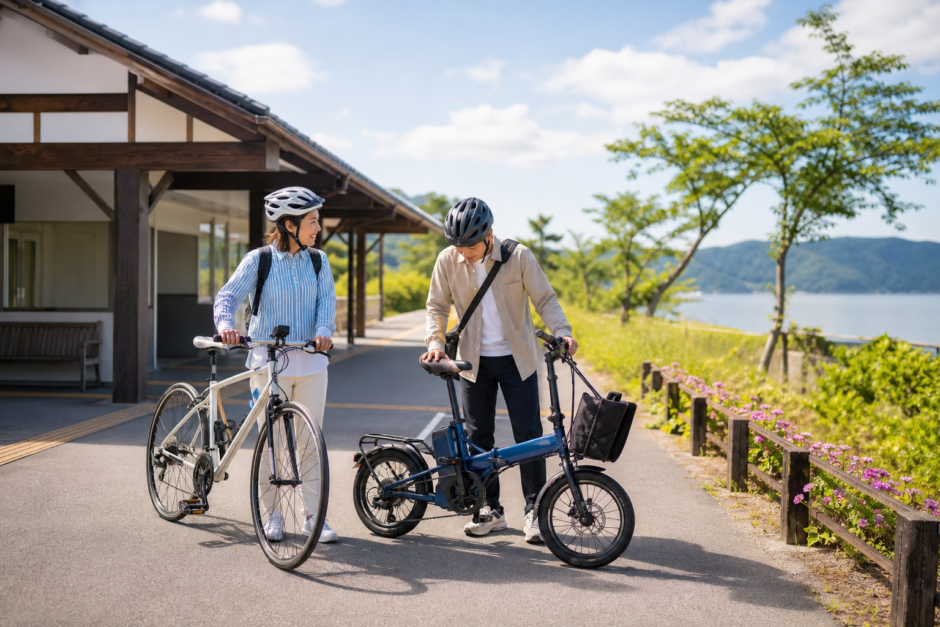 琵琶湖近くの駅前でヘルメットを着用した利用者がレンタサイクルを準備している明るいサイクリング旅のイメージ