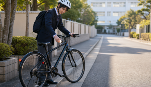 ヘルメットを着用した学生が静かな通学路でクロスバイク風の自転車の前照灯を確認している様子