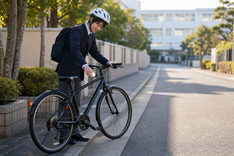 ヘルメットを着用した学生が静かな通学路でクロスバイク風の自転車の前照灯を確認している様子