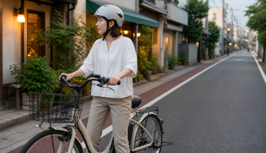 ヘルメットを着用した大人が街なかで電動アシスト自転車に乗る準備をしている安全な通勤イメージ