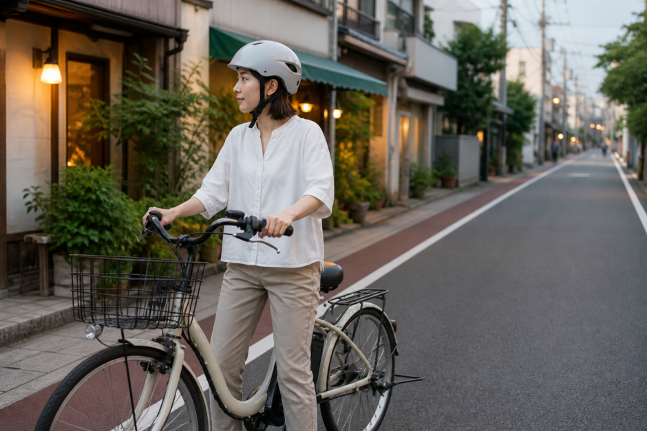 ヘルメットを着用した大人が街なかで電動アシスト自転車に乗る準備をしている安全な通勤イメージ
