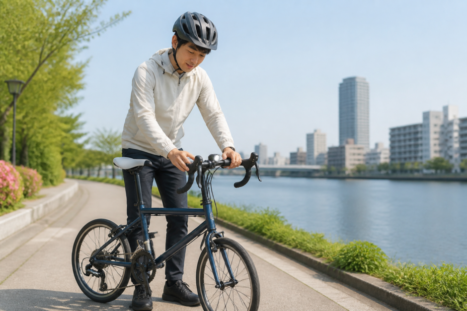 川沿いでヘルメットを着用した利用者が小径ロード自転車のライトとブレーキを確認している様子