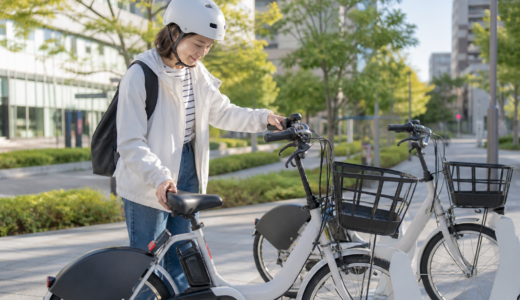 街角のシェアサイクルポートでヘルメットを着用した利用者が電動アシスト自転車のサドルを確認しているイメージ