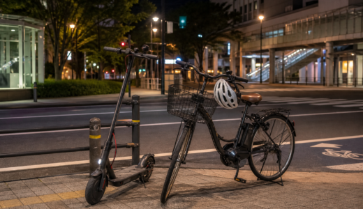 夜の街路で停められた電動キックボードと自転車が安全に配置されている啓発イメージ