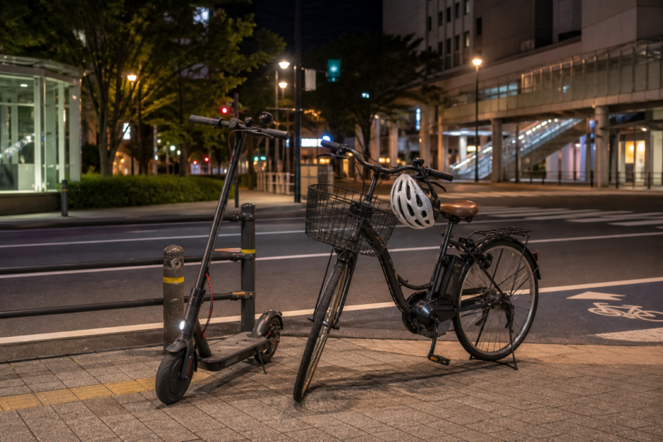 夜の街路で停められた電動キックボードと自転車が安全に配置されている啓発イメージ