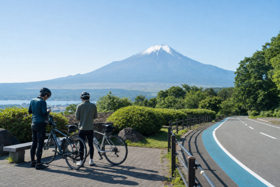 富士山を望む休憩場所でヘルメットを着用したサイクリストが出発前に自転車とルートを確認している様子