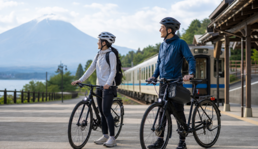 富士山麓の駅前でヘルメットを着用した大人のサイクリストが自転車を押して列車旅を始めるサイクルトレイン利用イメージ