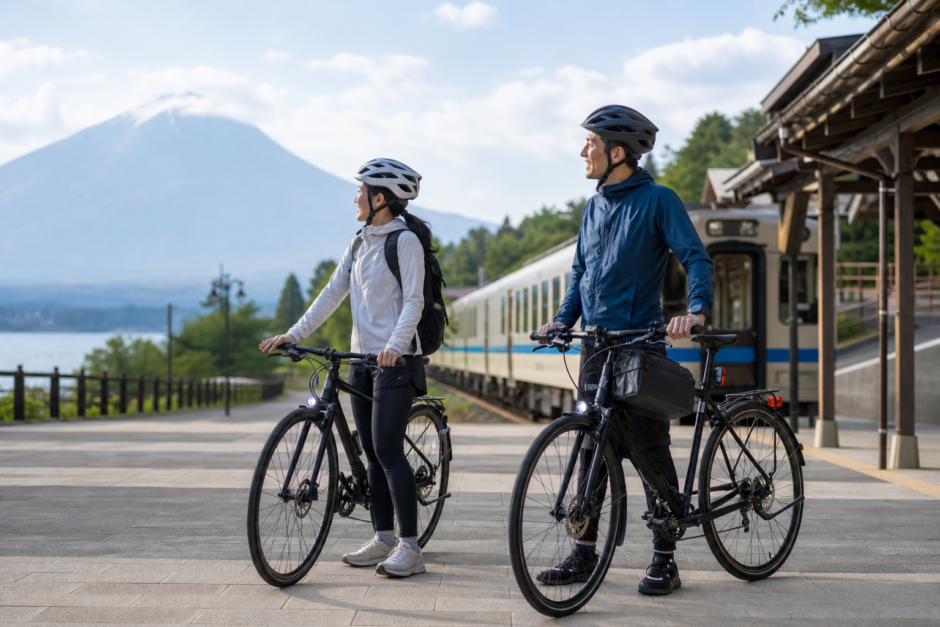 富士山麓の駅前でヘルメットを着用した大人のサイクリストが自転車を押して列車旅を始めるサイクルトレイン利用イメージ