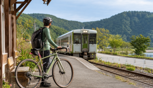 山あいの駅でヘルメットを着用したサイクリストが自転車を押し、列車を待つ花輪線サイクルトレイン旅のイメージ
