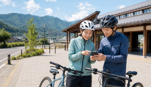 飯山線沿線を走る前に駅前でヘルメットを着用したサイクリストがスマートフォンでルートを確認している様子