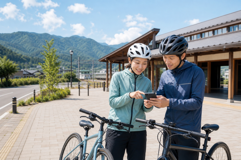 飯山線沿線を走る前に駅前でヘルメットを着用したサイクリストがスマートフォンでルートを確認している様子