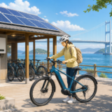 しまなみ海道を思わせる海沿いのレンタサイクル拠点でヘルメットを着用した利用者がE-bikeを準備している明るいイラスト