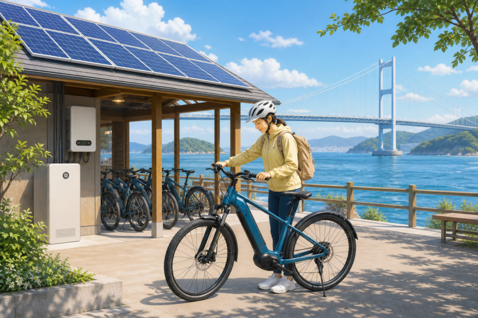 しまなみ海道を思わせる海沿いのレンタサイクル拠点でヘルメットを着用した利用者がE-bikeを準備している明るいイラスト