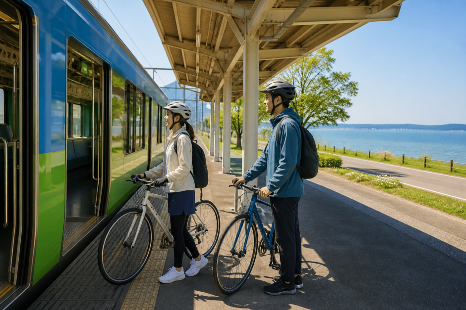 湖畔に近い駅のホームでヘルメットを着用した大人のサイクリストが自転車を押して列車のそばに立つサイクルトレイン利用イメージ