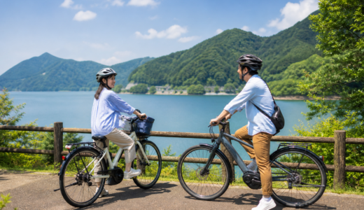 湖畔の道でヘルメットを着用した大人二人がEVアシスト自転車を安全に楽しむイメージ