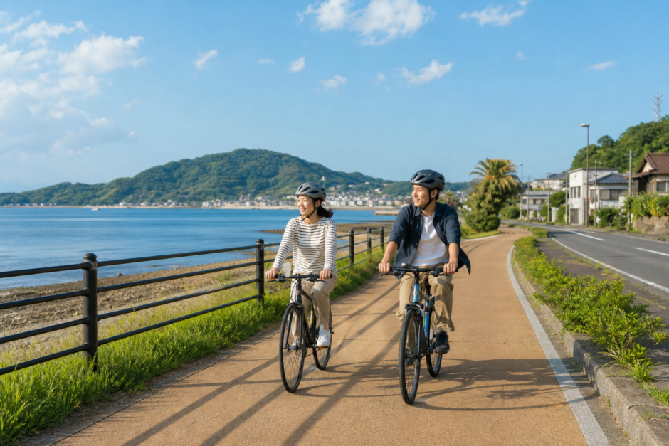 南島原の海沿いの自転車歩行者道をヘルメットを着用して走るサイクリストのイメージ
