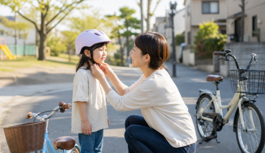 住宅街の公園前で保護者が子どもの自転車ヘルメットのあごひもを確認している明るい場面