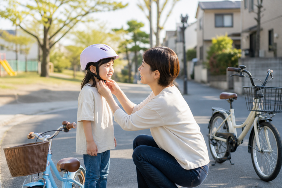 住宅街の公園前で保護者が子どもの自転車ヘルメットのあごひもを確認している明るい場面
