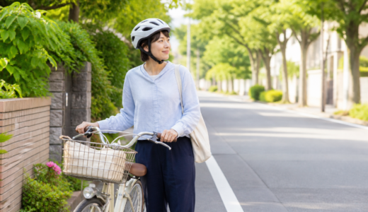 夏の街なかで自転車のそばに立つ利用者が一般的な自転車用ヘルメットを正しく着用している様子