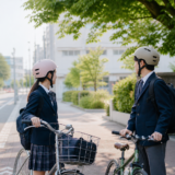 通学路の歩道脇で自転車を押す高校生が落ち着いた色の自転車用ヘルメットを正しく着用している様子
