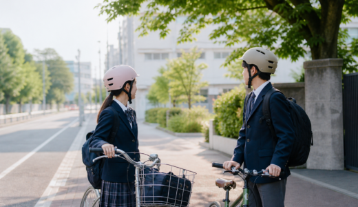 通学路の歩道脇で自転車を押す高校生が落ち着いた色の自転車用ヘルメットを正しく着用している様子