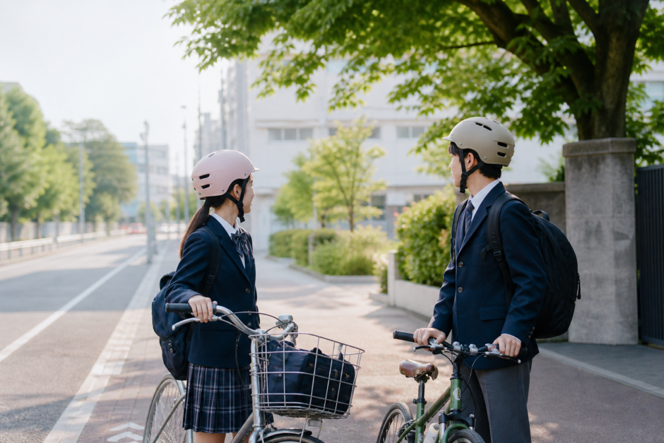 通学路の歩道脇で自転車を押す高校生が落ち着いた色の自転車用ヘルメットを正しく着用している様子
