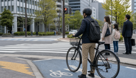 大阪市内の交差点手前でヘルメットを着用した自転車利用者が安全に停止し歩行者を待っている様子
