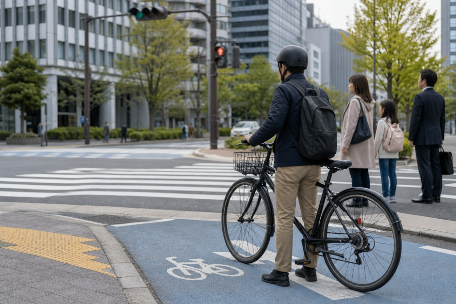 大阪市内の交差点手前でヘルメットを着用した自転車利用者が安全に停止し歩行者を待っている様子