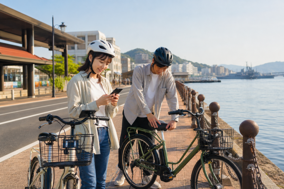 佐世保の港沿いでヘルメットを着用した利用者がレンタサイクルを借りる準備をしているイメージ