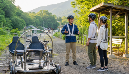夏の早朝の緑に囲まれた線路沿いで、ヘルメット姿の参加者が案内を受けながら軌道自転車の体験準備をしているイメージ