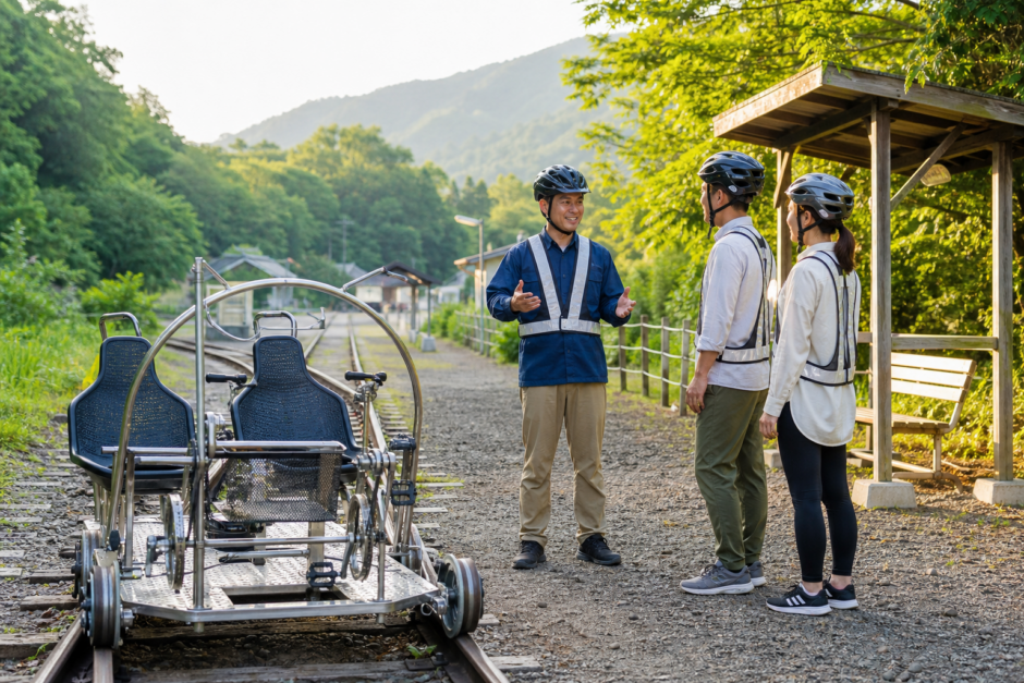 夏の早朝の緑に囲まれた線路沿いで、ヘルメット姿の参加者が案内を受けながら軌道自転車の体験準備をしているイメージ