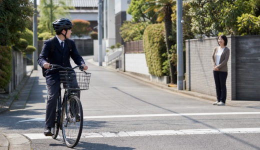 住宅地の通学路でヘルメットを着用した高校生が停止線手前で安全確認している様子