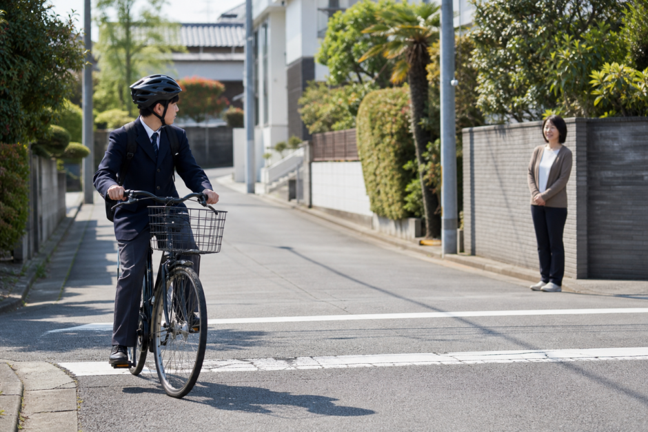 住宅地の通学路でヘルメットを着用した高校生が停止線手前で安全確認している様子