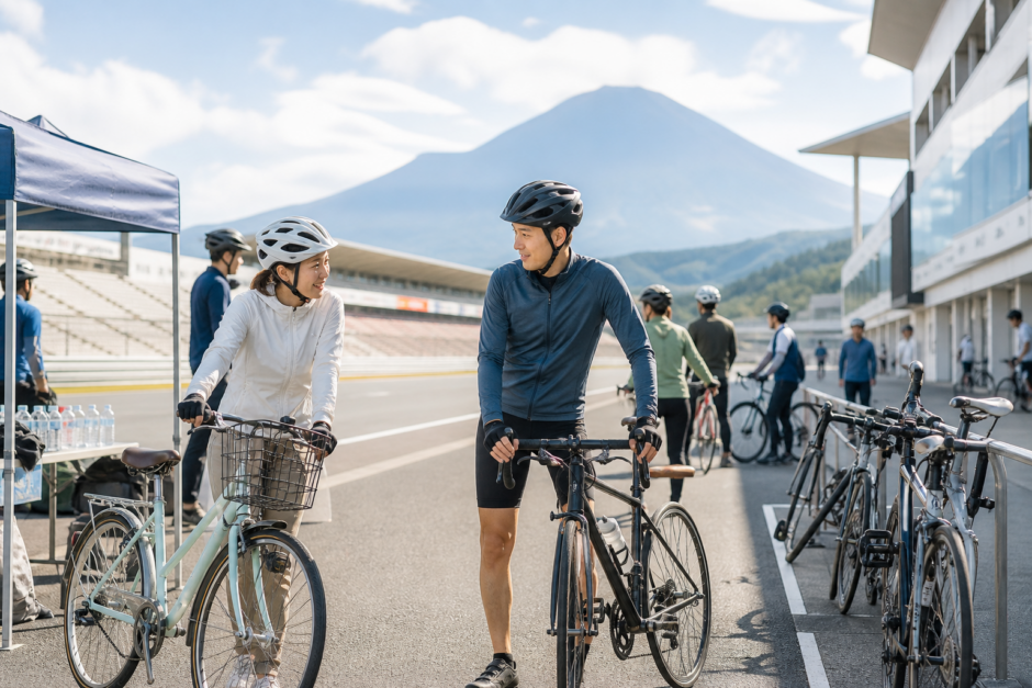 富士山を望むサーキットのピットエリアでヘルメットを着用した参加者が自転車イベントに向けて安全に準備している様子