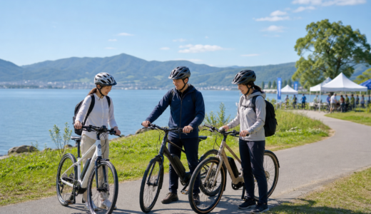諏訪湖畔のサイクリングロードでヘルメットを着用した人たちが試乗前に自転車を確認している様子