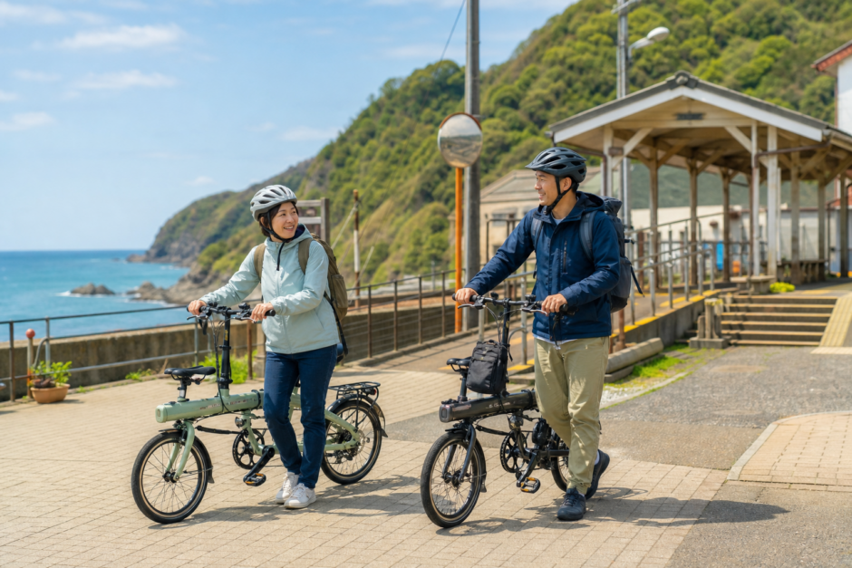 海辺の小さな駅前でヘルメットを着用した大人が折りたたみ自転車を押している明るい旅行風景