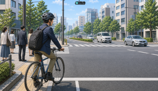 東京都内の交差点でヘルメットを着用した自転車利用者が停止線付近で安全確認している様子