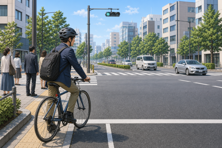 東京都内の交差点でヘルメットを着用した自転車利用者が停止線付近で安全確認している様子